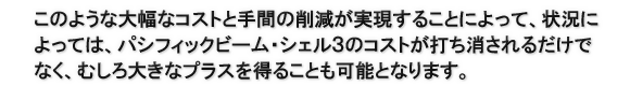 このような大幅なコストと手間の削減が実現することによって、状況によっては、パシフィックビーム・シェル３のコストが打ち消されるだけでなく、むしろ大きなプラスを得ることも可能となります。